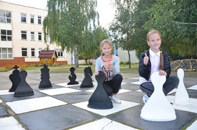 На территории средней школы № 2 красуются шахматные фигуры